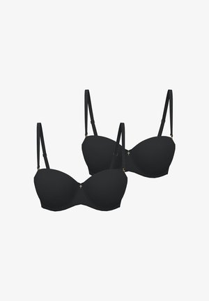 Zwarte gewatteerde beha's van een gladde stof, met verstelbare bandjes en een subtiele gouden accent in het midden. Tweedelig setje.