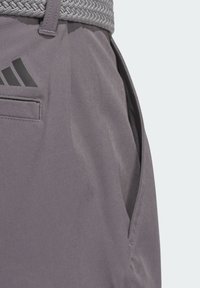 Sive kratke športne hlače z gladko teksturo, stransko žepno in črnimi podrobnostmi logotipa Adidas. Vključujejo pleteni siv pas.