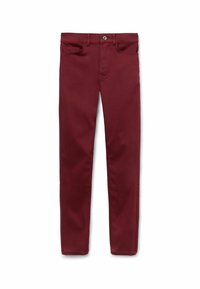 Pantalones vaqueros burdeos con corte ajustado, diseño de cinco bolsillos, textura suave, cierre de botón y detalles de costura en contraste.