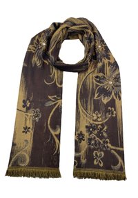 Écharpe marron et dorée avec des motifs floraux, des bords à frange et des détails embellis. Fabriquée en tissu texturé, avec des couleurs contrastées.