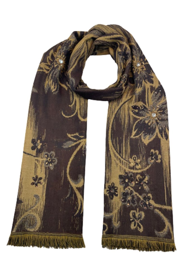 Écharpe marron et dorée avec des motifs floraux, des bords à frange et des détails embellis. Fabriquée en tissu texturé, avec des couleurs contrastées.