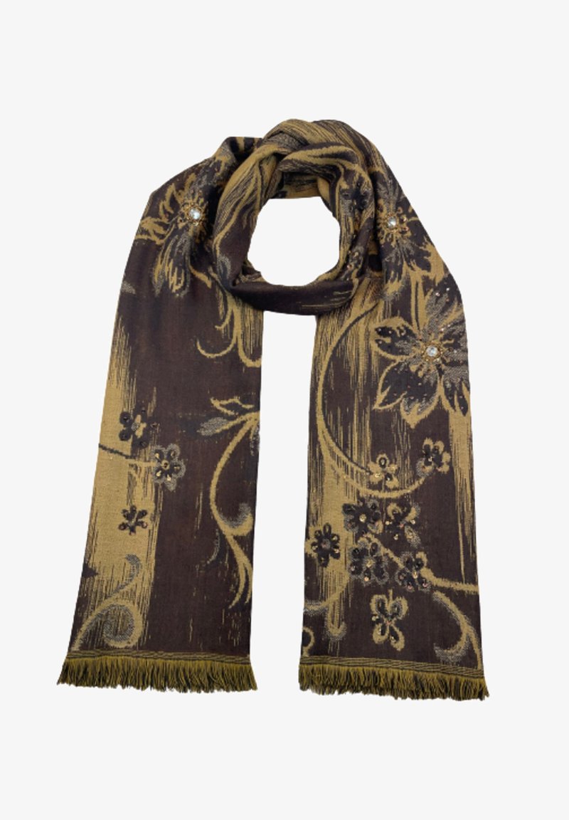 Écharpe marron et dorée avec des motifs floraux, des bords à frange et des détails embellis. Fabriquée en tissu texturé, avec des couleurs contrastées.