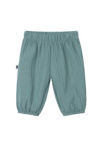 Groene, lichte katoenen broek met een elastische tailleband en geraffineerde boorden. Kenmerkt zich door een subtiel textuurpatroon door de gehele broek.