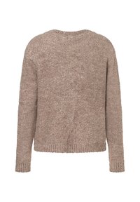 Strickpullover in hellbraun mit strukturierter Oberfläche, Rundhalsausschnitt und langen Ärmeln. Der Saum und die Bündchen sind gerippt für eine strukturierte Passform.