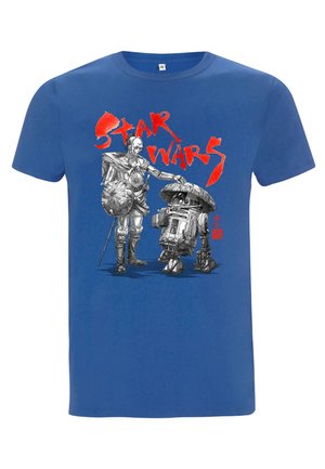 Camiseta azul con un diseño gráfico de dos robots, con ilustraciones detalladas en blanco y negro, acentuadas por un texto rojo en negrita que dice "Star Wars."