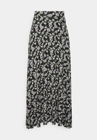 Jupe maxi noire avec une taille haute et un imprimé floral jaune et vert sur l'ensemble en tissu léger.