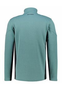Maglione a maniche lunghe con colletto alto. Il tessuto principale è di un turchese chiaro testurizzato, con pannelli laterali neri. Logo "SPYDER" sul colletto.