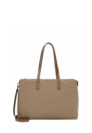 Borsa a tracolla sintetica beige con manici in pelle marrone. Dotata di chiusura con zip e tracolla removibile. Texture liscia.