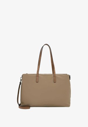 Sac fourre-tout synthétique beige avec des anses en cuir marron. Il dispose d'une fermeture éclair et d'une bandoulière amovible. Texture lisse.