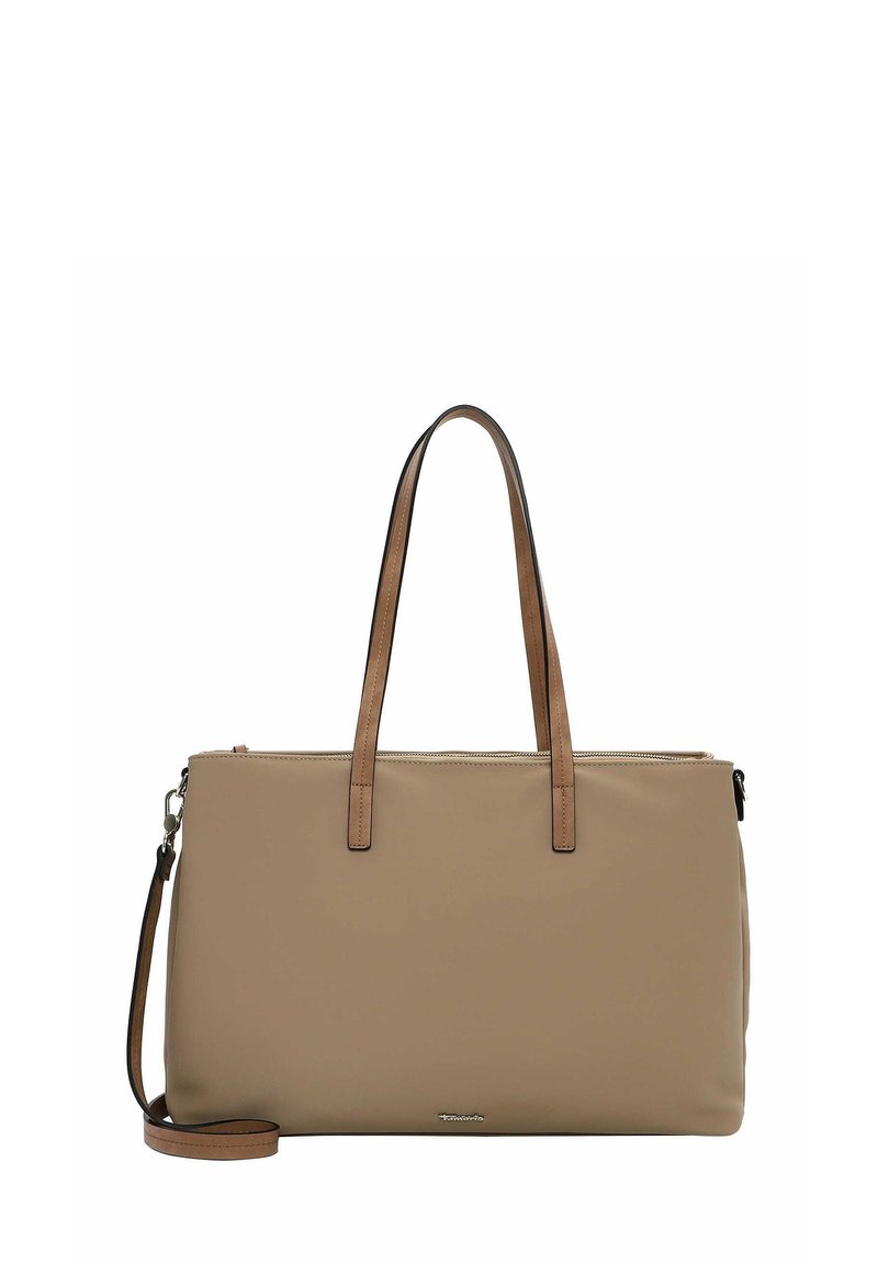 Borsa a tracolla sintetica beige con manici in pelle marrone. Dotata di chiusura con zip e tracolla removibile. Texture liscia.