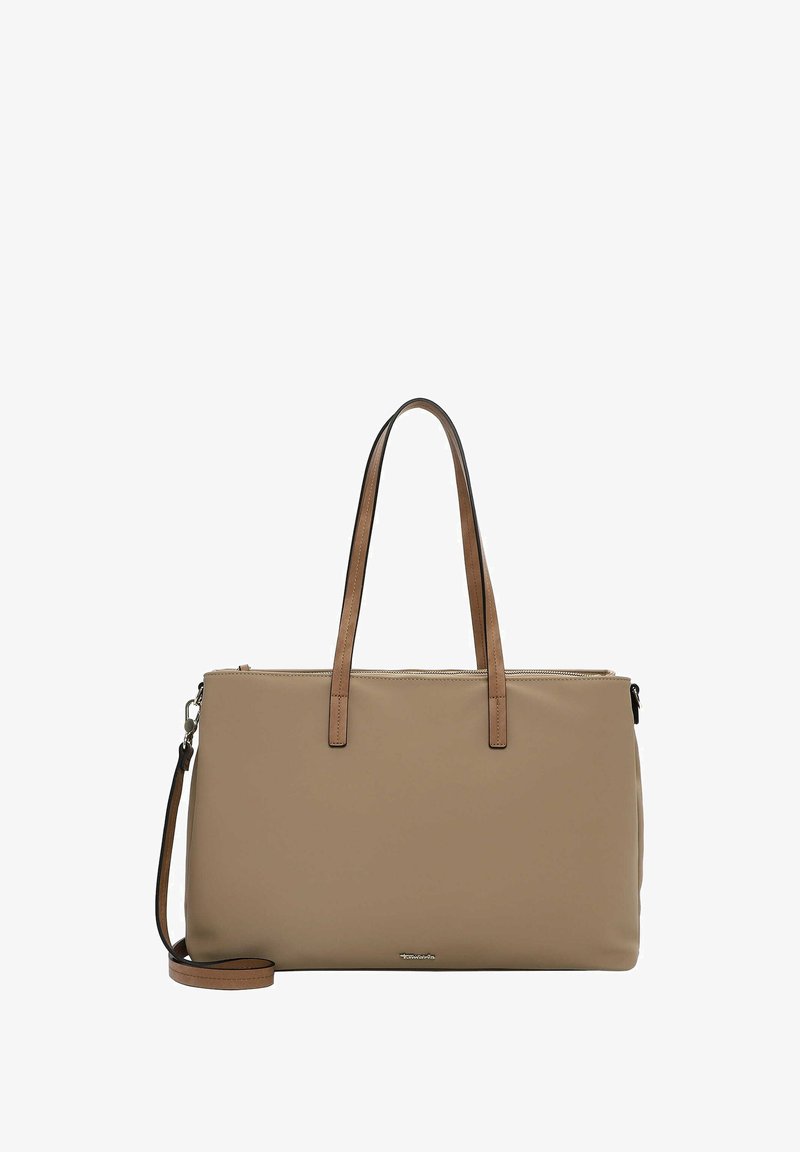 Beige syntetisk tote bag med brune læderhåndtag. Har en lynlås-lukning og en aftagelig skulderrem. Glat tekstur.