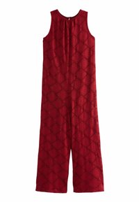 Combinaison sans manches rouge avec un motif en losanges texturé, de forme fluide et une fermeture au dos en forme de clé. Fabriquée en tissu léger.
