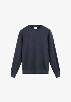 Marineblauer Pullover aus weichem Material, mit Rundhalsausschnitt, langen Ärmeln und gerippten Bündchen und Saum. Glatte Textur, schlichtes Design.