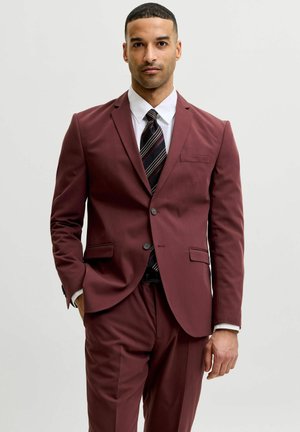 Homme portant un costume bordeaux avec une chemise blanche et une cravate noire rayée, debout avec une main dans la poche devant un fond uni.
