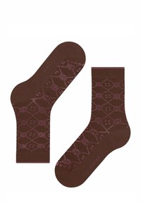Braune Socken mit einem pinken Diamanten- und Blumenmuster, aus weichem Material gefertigt, mit geripptem Bündchen und glatter Textur. Markenname sichtbar.