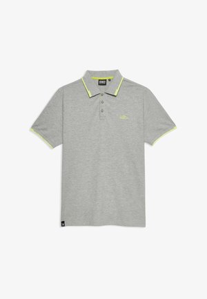 Szary polo z kołnierzykiem, trzema guzikami i neonowozielonymi akcentami na kołnierzu oraz rękawach. Logo haftowane na piersi.