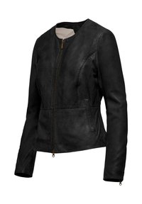 Giacca di pelle nera con collo rotondo, zip frontale, tasche laterali e design elegante. Presenta una texture liscia e dettagli di cucitura sottili.