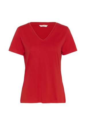 Rode V-hals t-shirt, korte mouwen, gemaakt van katoen. Gladde textuur, casual pasvorm, met een label gestikt bij de hals.