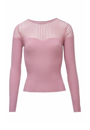 Top rosa de manga larga con tejido acanalado, canesú y hombros transparentes con rayas, escote redondo y cintura ajustada.