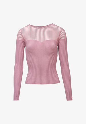 Top rosa de manga larga con tejido acanalado, canesú y hombros transparentes con rayas, escote redondo y cintura ajustada.