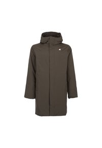 Parka verde oliva realizzata in materiale resistente all'acqua, dotata di cappuccio, tasche frontali e un logo sul petto. Maniche lunghe.