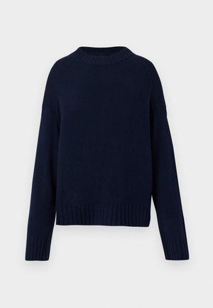 Marineblauer Strickpullover mit geripptem Rundhalsausschnitt, Bündchen und Saum, langen Ärmeln und einem lässigen Schnitt.