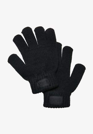 Schwarze gestrickte Handschuhe mit fünf Fingern, gerippten Bündchen und einer strukturierten Oberfläche. Verfügt über ein kleines schwarzes Etikett im Handgelenkbereich.