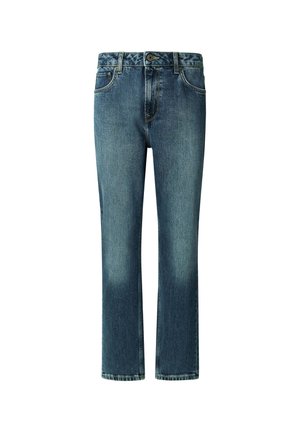Modré džíny z denimu s rovnými nohavicami, ktoré majú päť vreciek, zapínanie na gombík a zips, a jemné vyblednutie na stehnách.