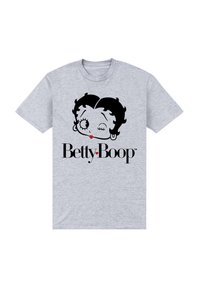 Szara bawełniana koszulka z grafiką twarzy Betty Boop w czerni, z czerwonymi ustami i napisem "Betty Boop" poniżej w pogrubionym czarnym typie.