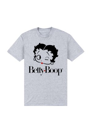 Grå bomulds t-shirt med et grafisk motiv af Betty Boops ansigt i sort, med røde læber og teksten "Betty Boop" nedenfor i fed sort skrift.