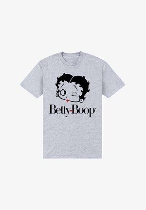 Grå bomulds t-shirt med et grafisk motiv af Betty Boops ansigt i sort, med røde læber og teksten "Betty Boop" nedenfor i fed sort skrift.