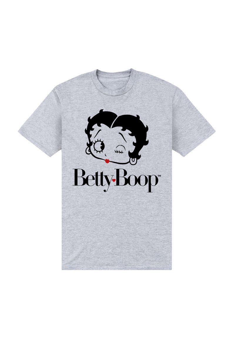 Szara bawełniana koszulka z grafiką twarzy Betty Boop w czerni, z czerwonymi ustami i napisem "Betty Boop" poniżej w pogrubionym czarnym typie.