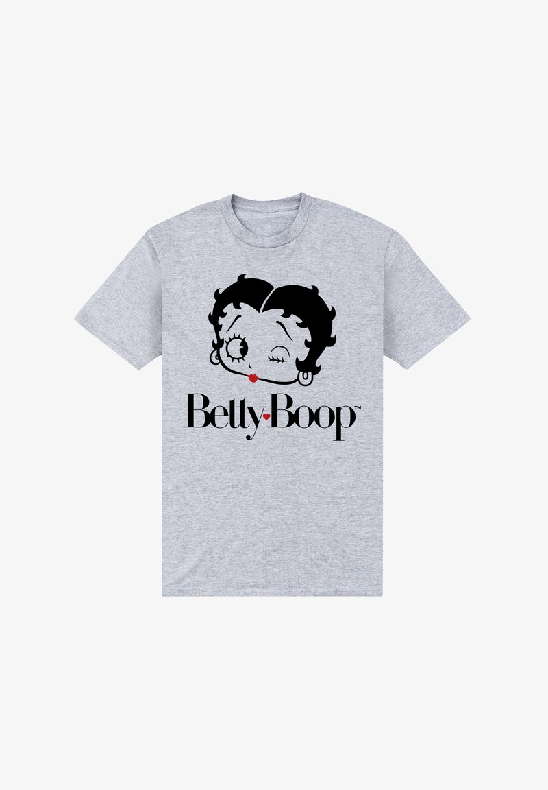 Szara bawełniana koszulka z grafiką twarzy Betty Boop w czerni, z czerwonymi ustami i napisem "Betty Boop" poniżej w pogrubionym czarnym typie.