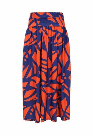 Blauer und orangefarbener abstrakter gemusterter Midi-Rock mit einem breiten, gerafften Bund und plissiertem, fließendem Stoff.