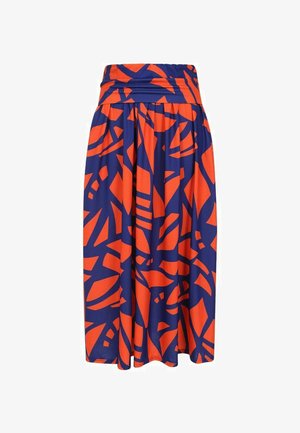 Sinine ja oranž abstraktse mustriga midi seelik, millel on lai, klapitav vöökoht ja voldiline voogav kangas.