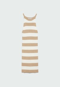 Robe sans manches en maille avec larges rayures horizontales beige et blanches, encolure dégagée et longueur midi.