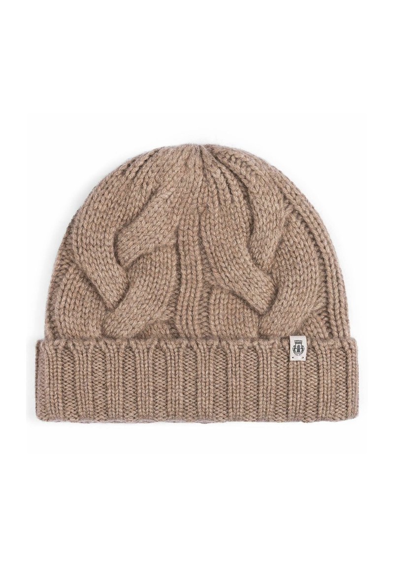 Beige knitted beanie with a textured cable pattern on the main body and ribbed cuff, featuring a small branded label on the side.