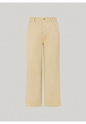 Pantaloni larghi beige realizzati in tessuto dalla consistenza liscia, con chiusura frontale a bottone e due tasche laterali.