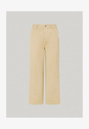 Beige weit geschnittene Hosen aus einem glatten Stoff mit einem vorderen Knopfverschluss und zwei Seitentaschen.