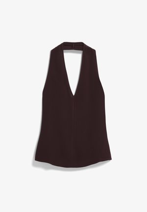 Top halter senza maniche di colore marrone con scollatura a V profonda, realizzato in tessuto liscio e con orlo dritto. Design semplice, privo di motivi o decorazioni.