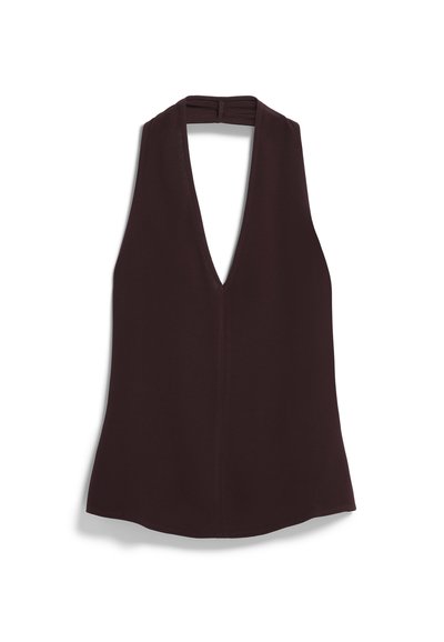 Top halter senza maniche di colore marrone con scollatura a V profonda, realizzato in tessuto liscio e con orlo dritto. Design semplice, privo di motivi o decorazioni.