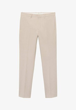 Pantaloni beige realizzati in tessuto leggero, con due tasche frontali, gambe dritte e una superficie liscia. Design su misura con pieghe.