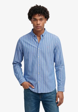 Junger Mann mit einem blauen langärmligen Hemd mit weißen vertikalen Streifen und blauen Jeans, steht mit einer Hand in der Hosentasche.