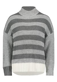 Tjock stickad tröja med hög krage, grå och vita horisontella ränder, ribbade ärmar och en bred ribbad fåll.
