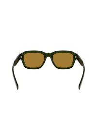 Occhiali da sole con montatura verde in plastica e lenti quadrate. Lenti polarizzate marroni e dettagli neri sulle stanghette completano il design.