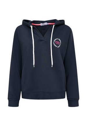 Marineblauer Kapuzenpullover, aus Baumwollmischung, mit verstellbarem Kordelzug, V-Ausschnitt, mit einem grafischen "Happy"-Design in Pink, gerippten Bündchen und einer lässigen Passform.