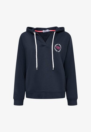 Marineblauer Kapuzenpullover, aus Baumwollmischung, mit verstellbarem Kordelzug, V-Ausschnitt, mit einem grafischen "Happy"-Design in Pink, gerippten Bündchen und einer lässigen Passform.