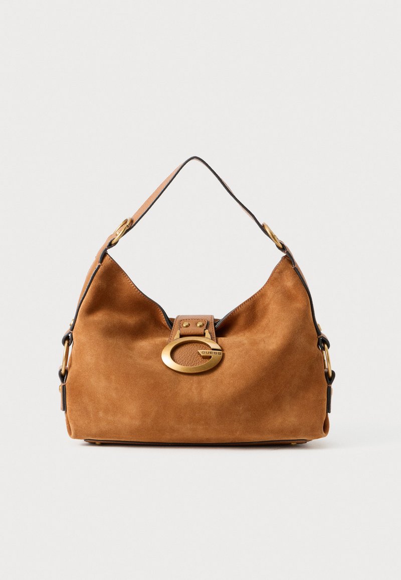 Brown suede handbag with a rounded shape, a gold-tone hardware clasp, and a contrasting black trim. Features a single shoulder strap for carrying.