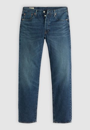 Jeans de mezclilla azul con un corte de pierna recta, que presentan cinco bolsillos, una clásica bragueta de botones y un ligero desgaste para dar textura.