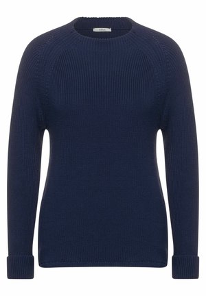 Pull en tricot bleu marine à manches longues avec col rond et poignets côtelés, présenté sur un fond blanc uni.